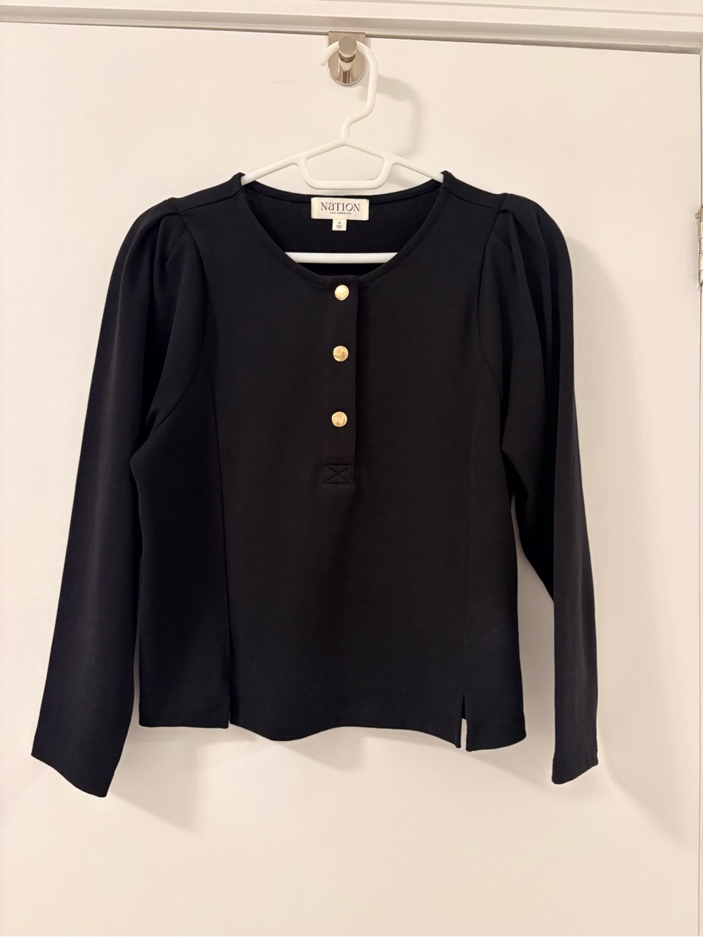 Nation Black Puff Shoulder top with Gold Buttons